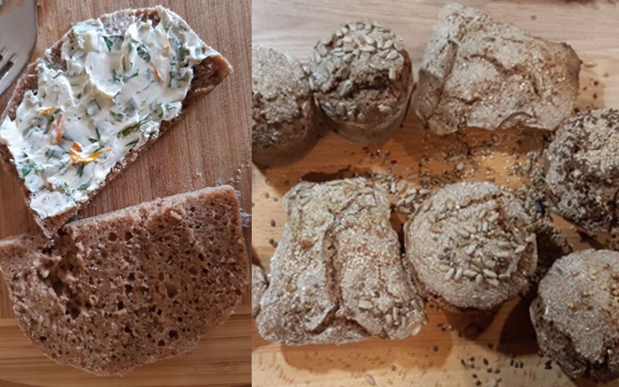Selbstgebackenes Sauerteigbrot mit selbstgemachten Wildkräuterfrischkäse