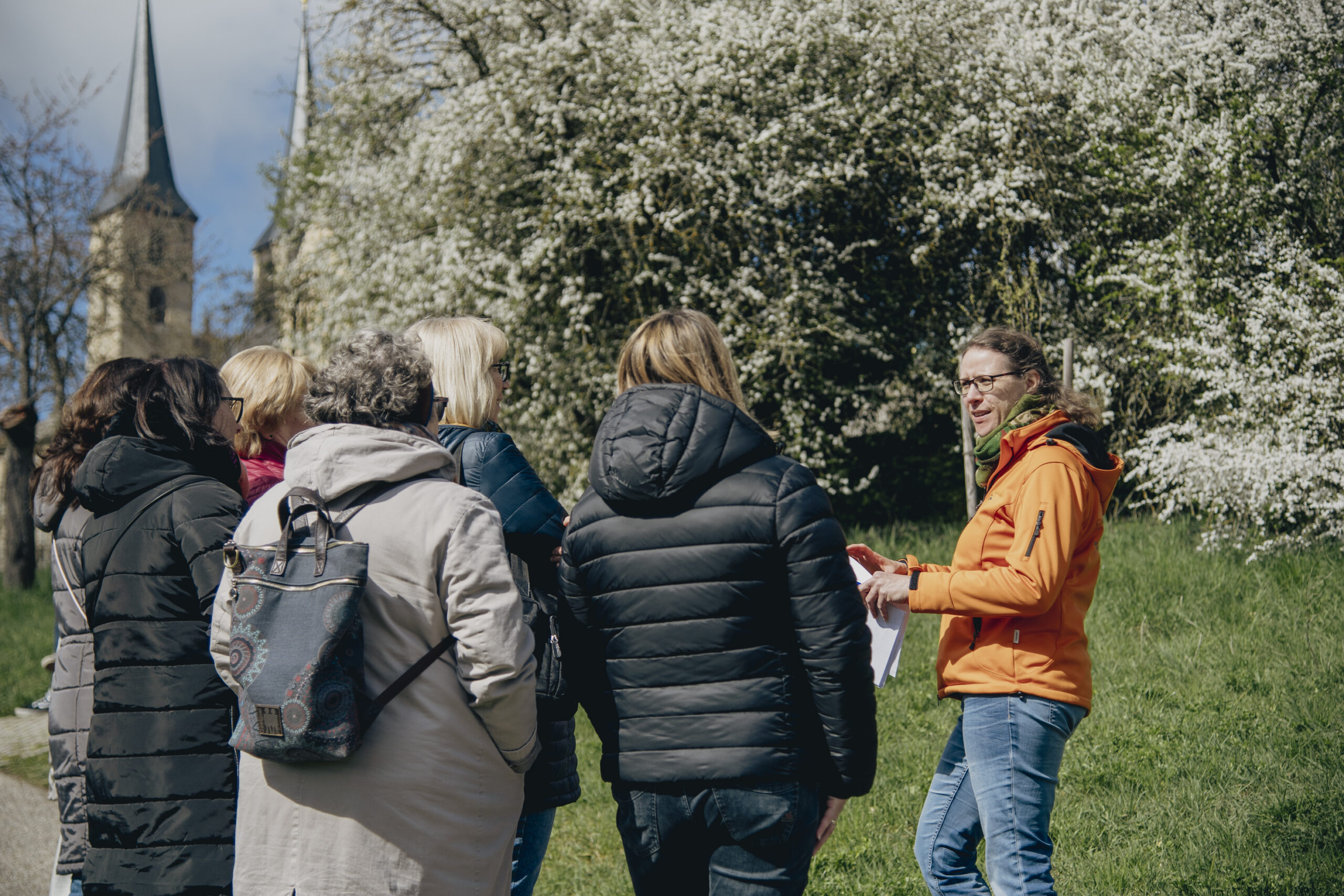 Führung am Michaelsberg, Andrea Winkler mit einer Gruppe im Frühling vor Obsthecken